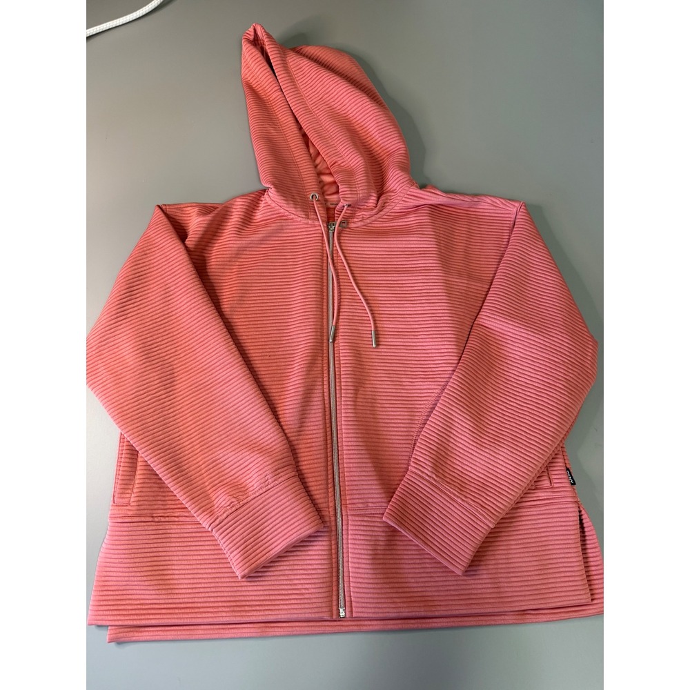 DKNY Sport Womens Ribbed Full Zip Hoodie Coral Pink Sweatshirt Large